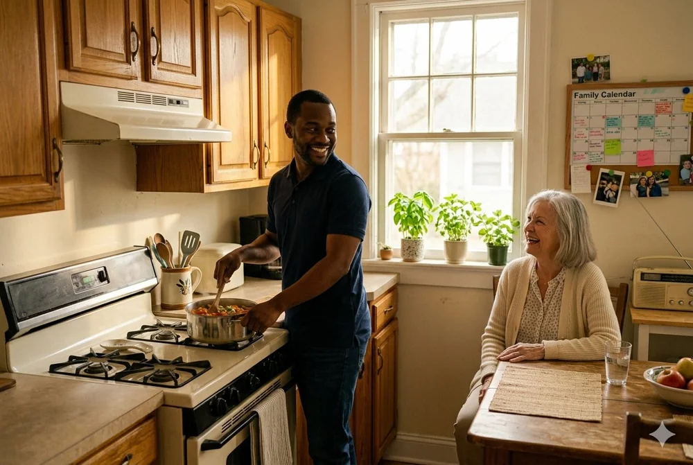 A caregiver cooking with an older woman in her kitchen