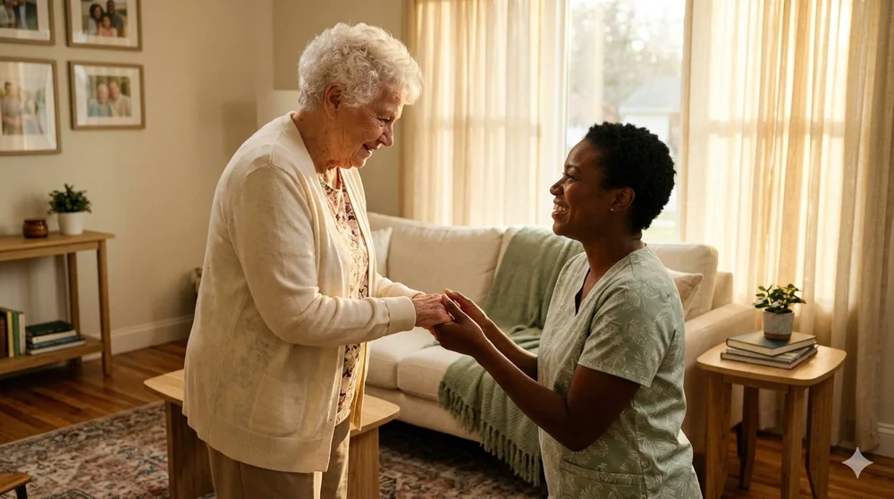 A caregiver gently holding an older woman's hands