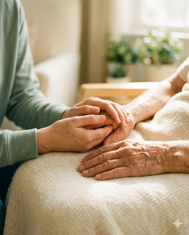 Two hands held in comfort on a soft blanket