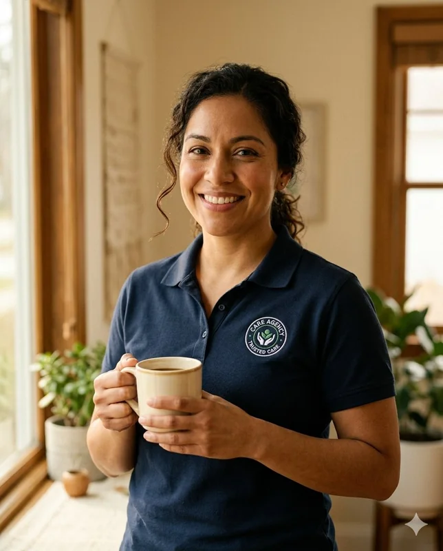 A home care professional smiling at home with a cup of coffee