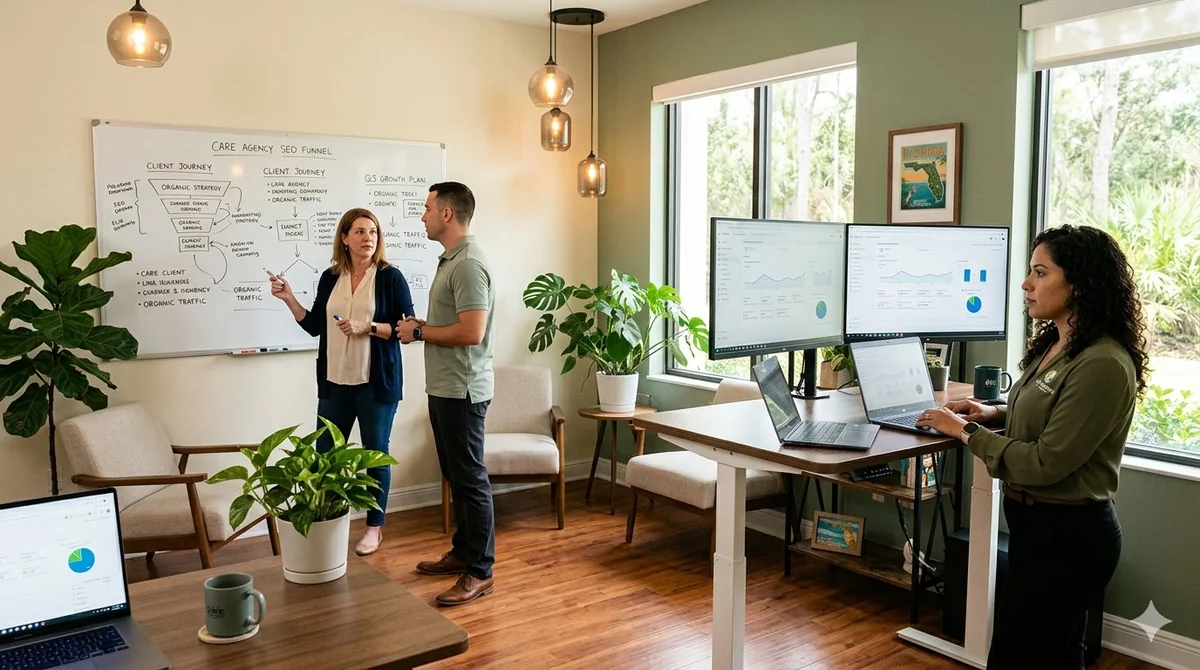 Home Care Agency Acquisition Marketing: A leadership team planning around a whiteboard