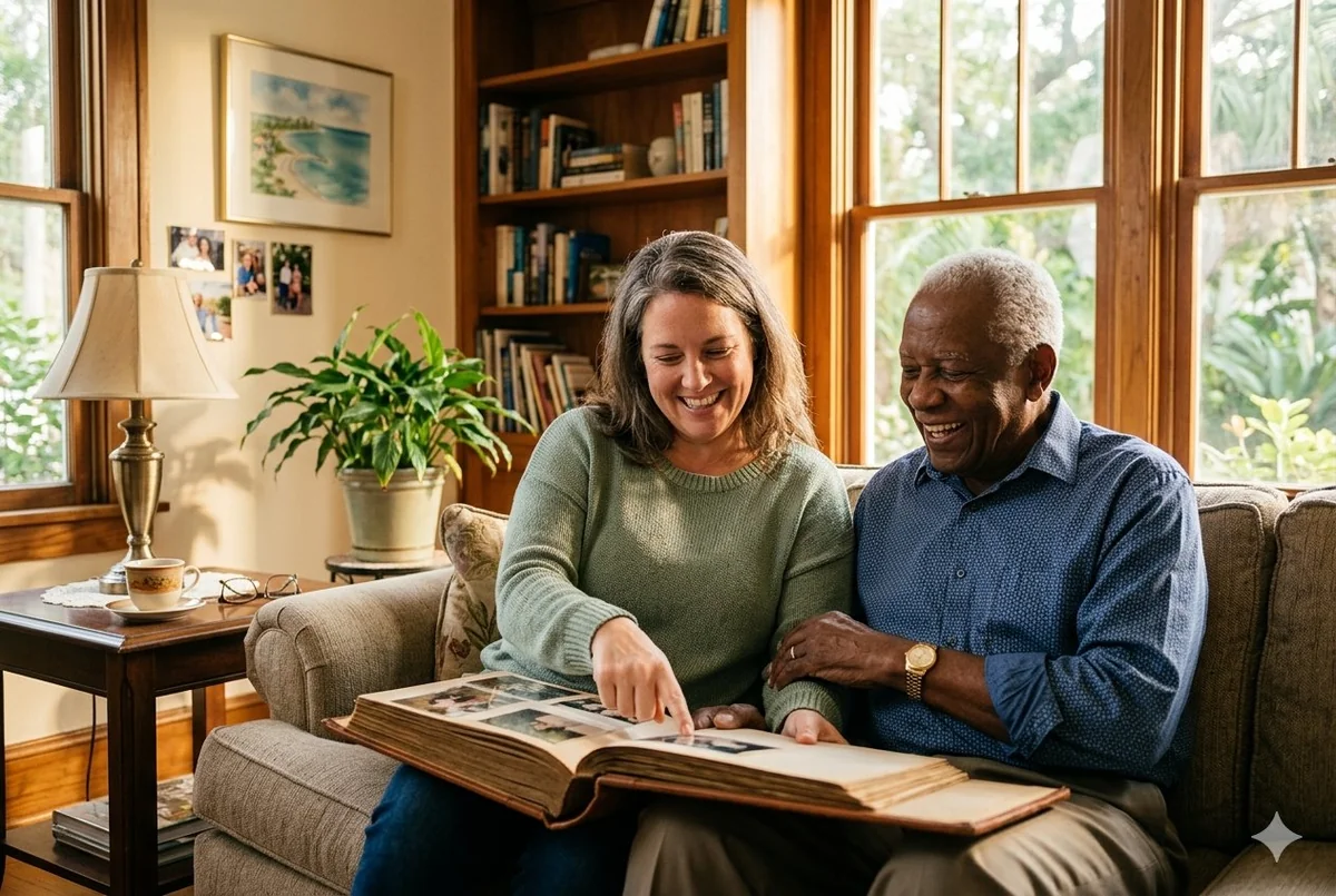 A caregiver sharing a photo album with an older man