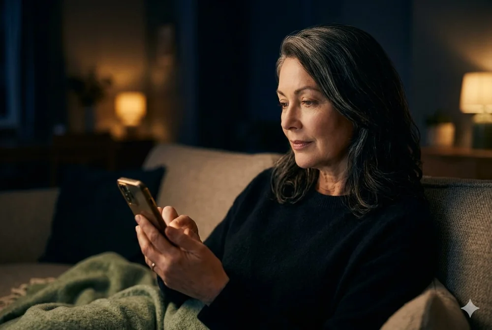 An adult daughter researching home care on her phone in the evening