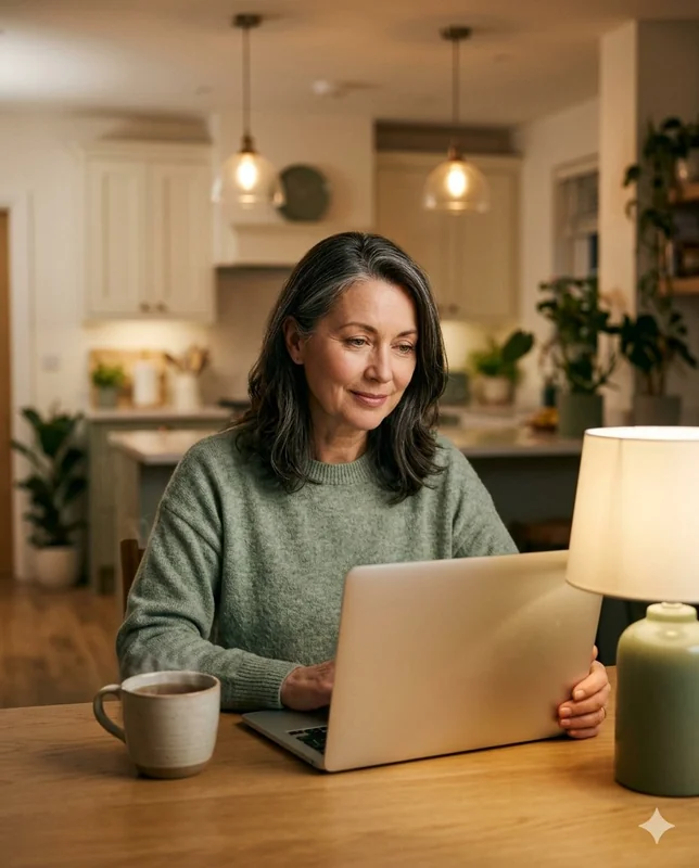 A founder working on her laptop at the kitchen table