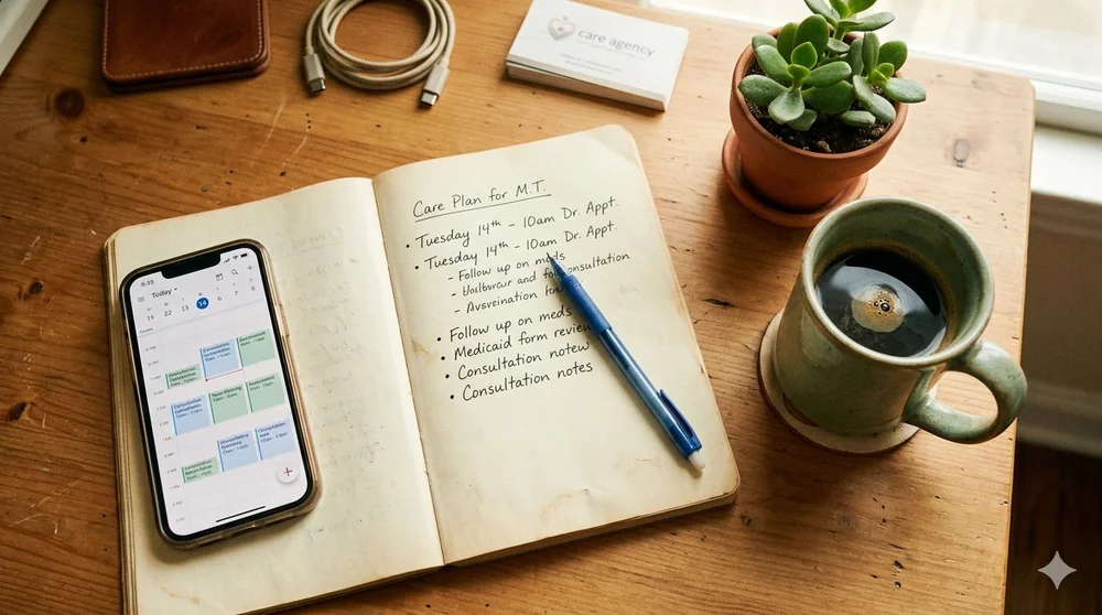 A planner and phone on a desk with notes for the week